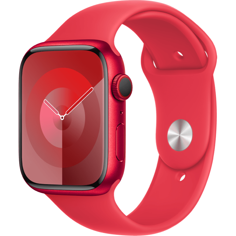 Apple Watch S9 GPS + eSIM (Cellular) 45mm czerwona opaska front lewy obrot