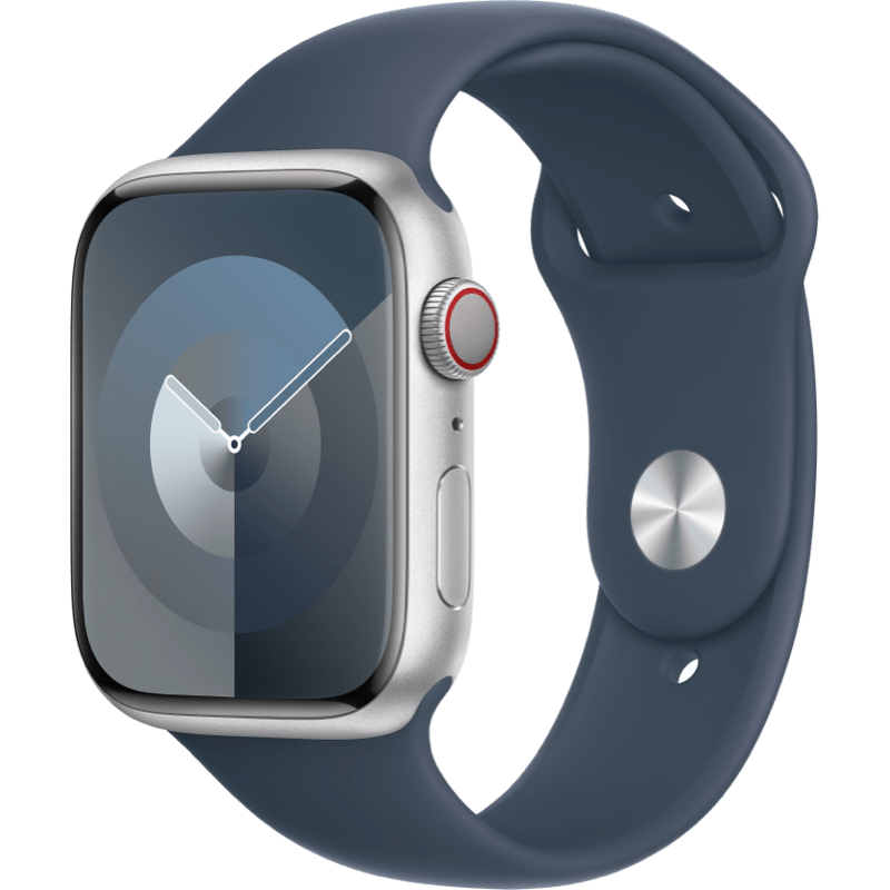 Apple Watch S9 GPS + eSIM (Cellular) 45mm niebieska opaska front lewy obrot