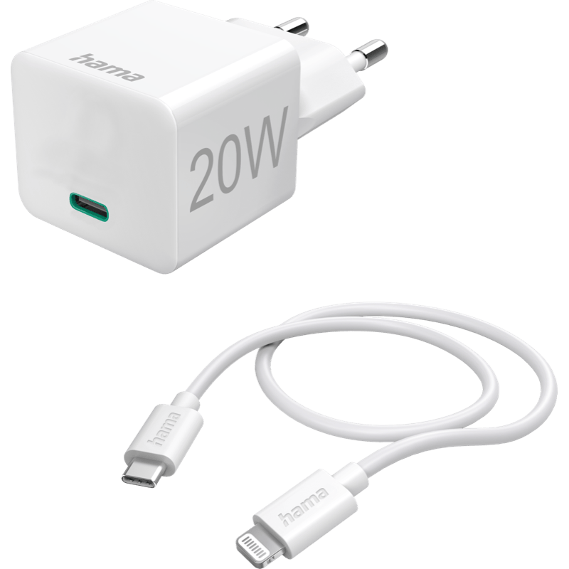 HAMA Ładowarka sieciowa Mini USB-C PD/Qualcomm 20W z kablem USB-C do Lightning biała front lewy skos