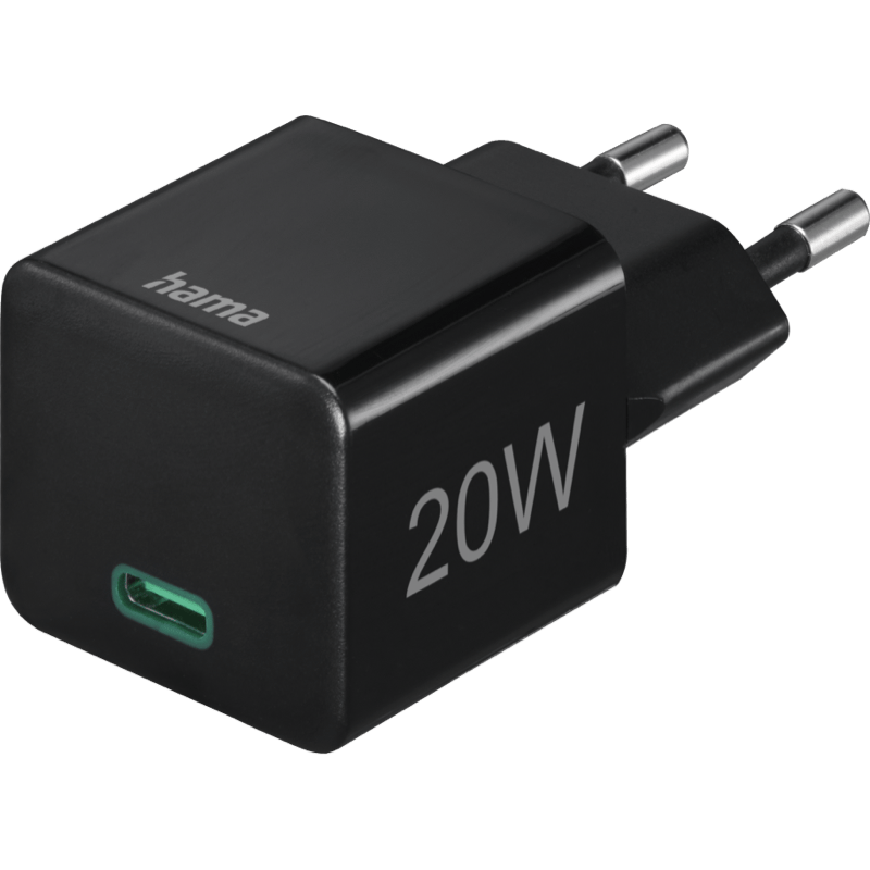 HAMA Ładowarka sieciowa Mini USB-C PD/Qualcomm 20W czarna front prawy skos