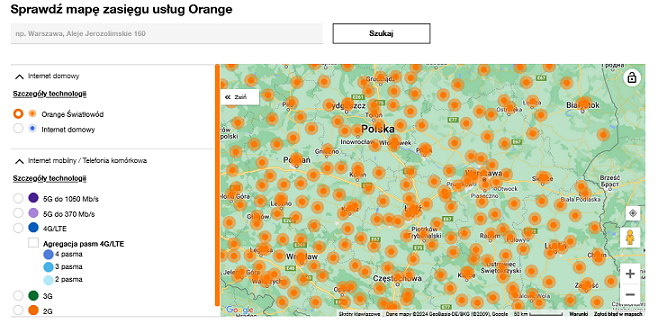 Mapa z zasięgiem światłowodu Orange