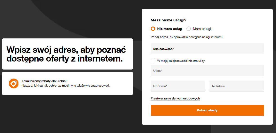 Screen ze strony, gdzie można wpisać adres, aby poznać ofertę na światłowód Orange