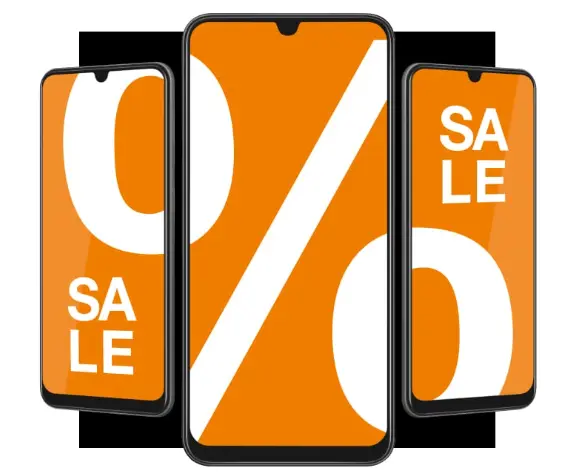 baner z 3 telefonami i napisem sale oraz znakiem procentów